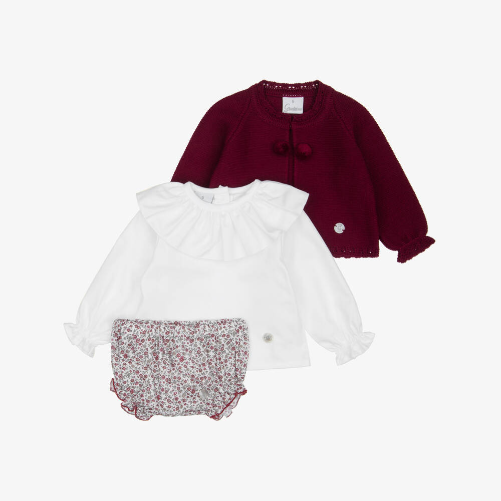 Artesanía Granlei-Baby Girls Burgundy Floral Print Bloomer Shorts & Cardigan Set | Childrensalon
