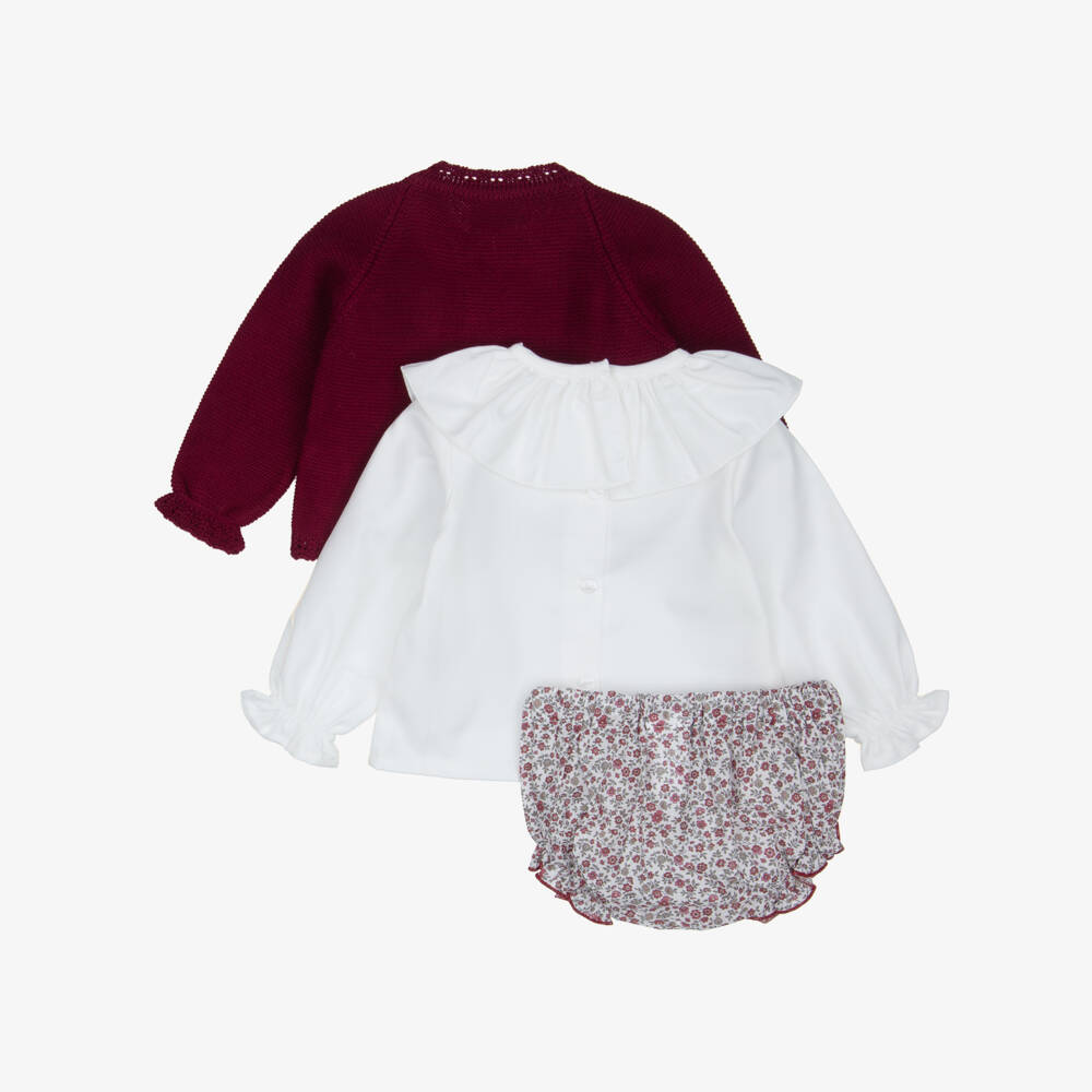 Artesanía Granlei-Baby Girls Burgundy Floral Print Bloomer Shorts & Cardigan Set | Childrensalon