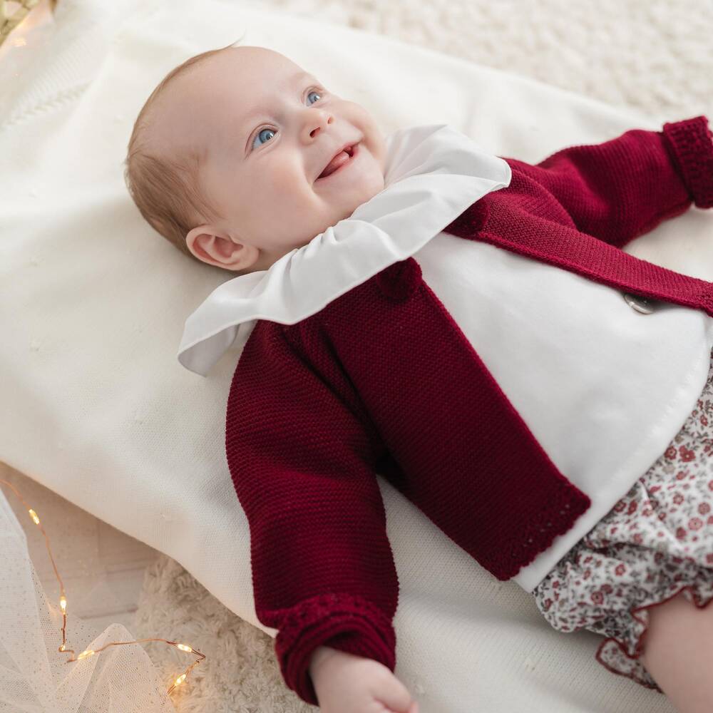 Artesanía Granlei-Baby Girls Burgundy Floral Print Bloomer Shorts & Cardigan Set | Childrensalon