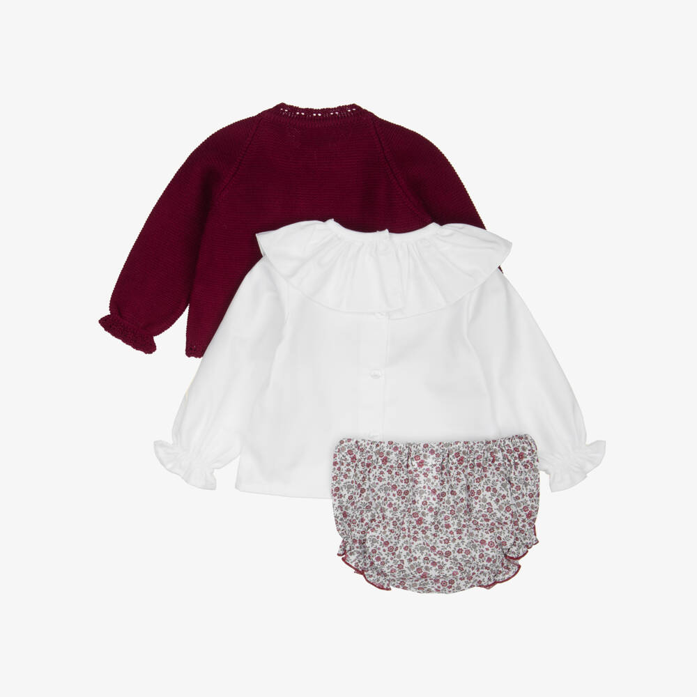 Artesanía Granlei-Baby Girls Burgundy Floral Print Bloomer Shorts & Cardigan Set | Childrensalon