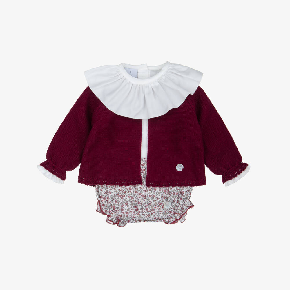 Artesanía Granlei-Baby Girls Burgundy Floral Print Bloomer Shorts & Cardigan Set | Childrensalon