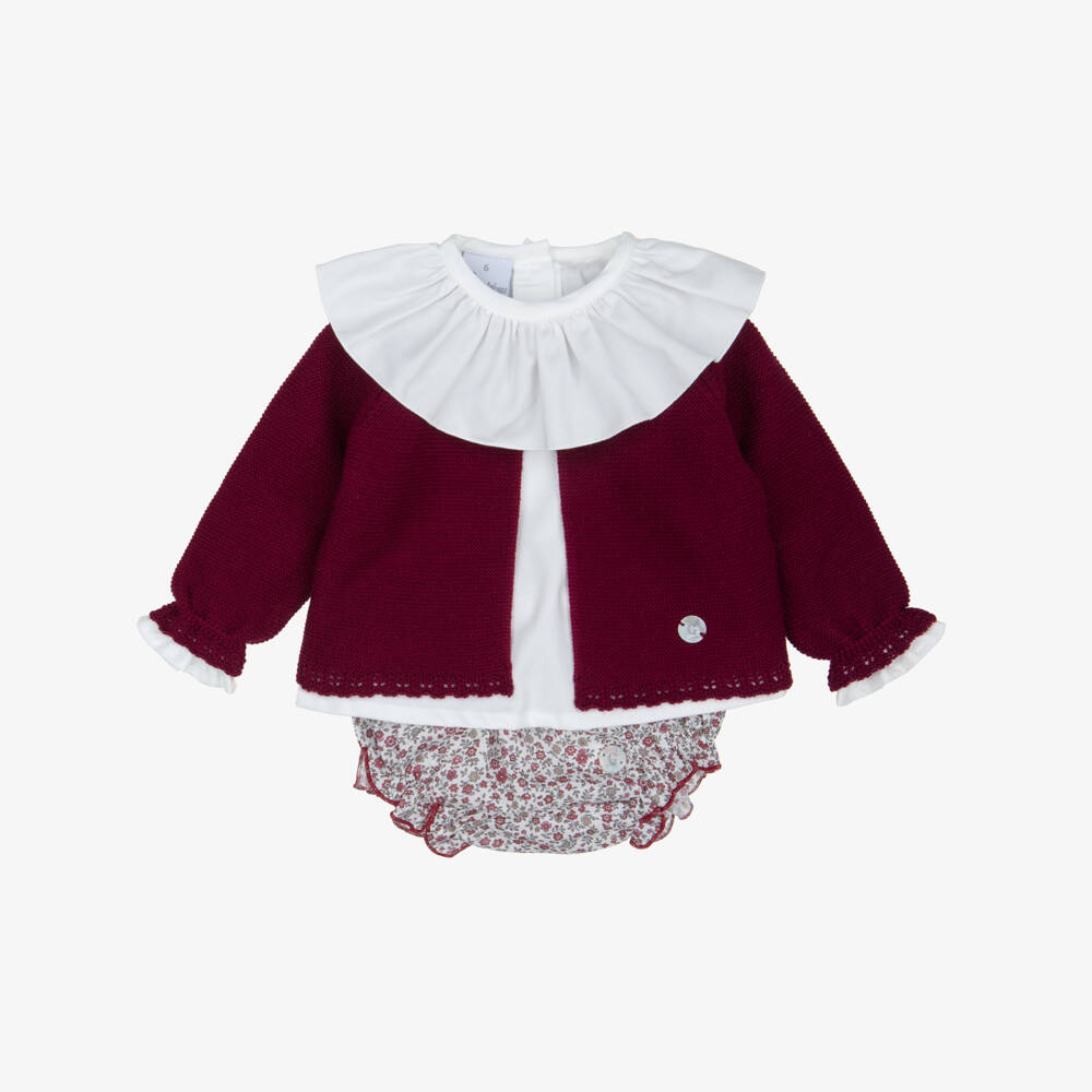 Artesanía Granlei-Baby Girls Burgundy Floral Print Bloomer Shorts & Cardigan Set | Childrensalon