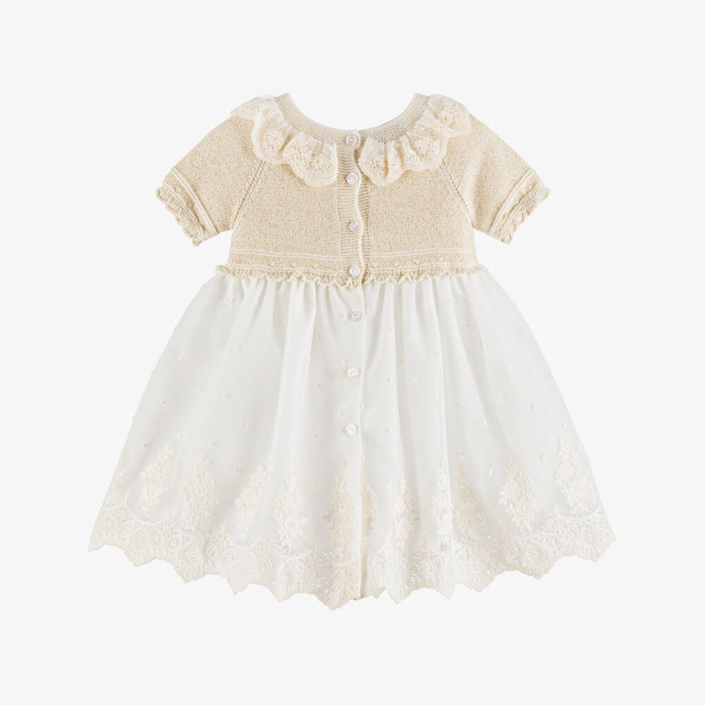 Artesanía Granlei-Baby Girls Gold & Ivory Dress with Embroidered Tulle | Childrensalon
