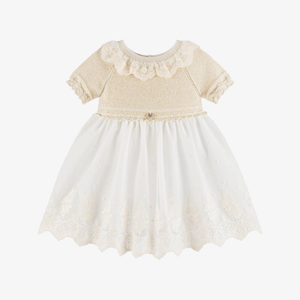 Artesanía Granlei-Baby Girls Gold & Ivory Dress with Embroidered Tulle | Childrensalon