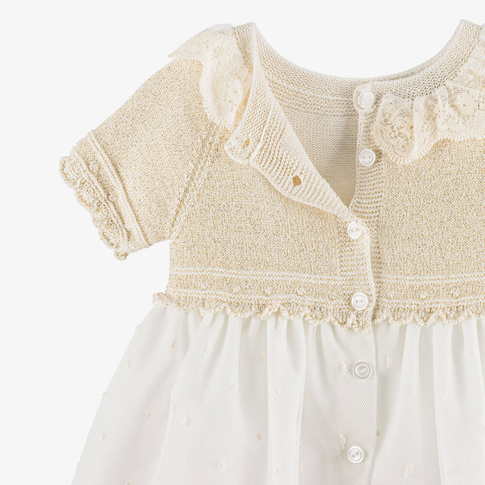Artesanía Granlei-Baby Girls Gold & Ivory Dress with Embroidered Tulle | Childrensalon
