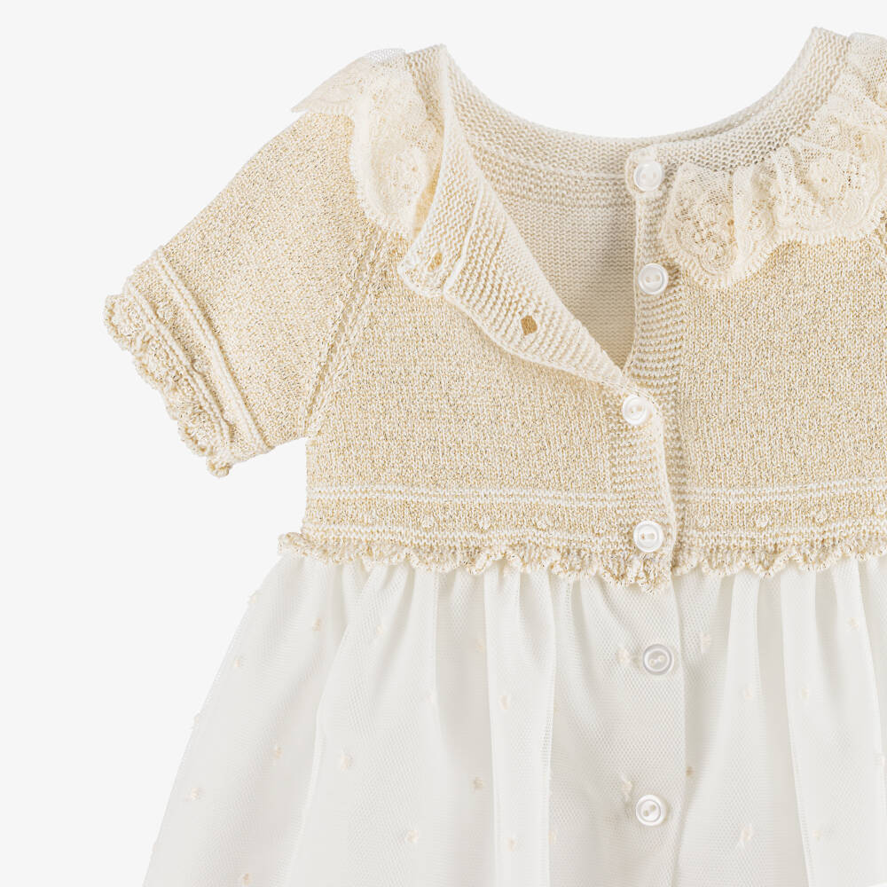 Artesanía Granlei-Baby Girls Gold & Ivory Dress with Embroidered Tulle | Childrensalon