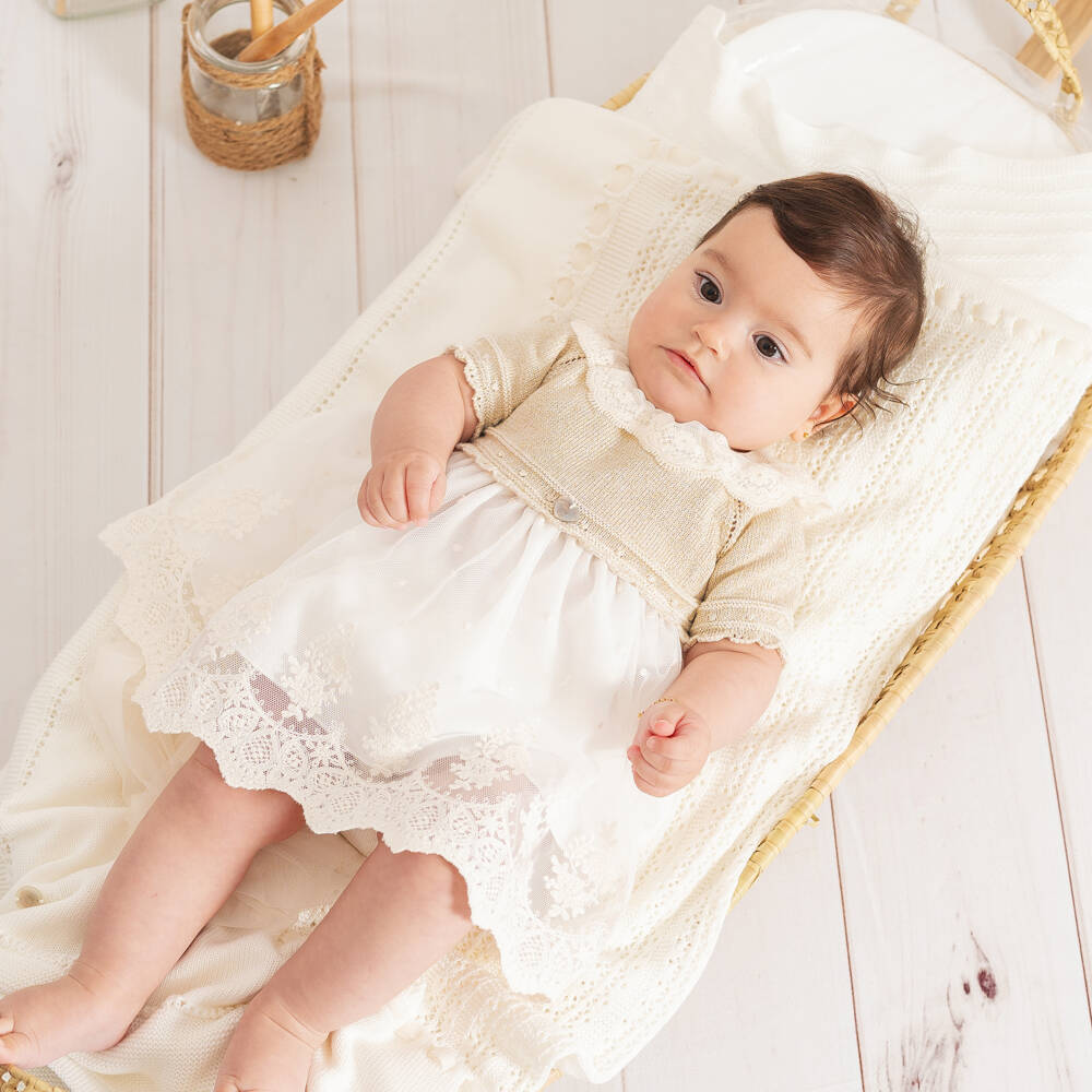 Artesanía Granlei-Baby Girls Gold & Ivory Dress with Embroidered Tulle | Childrensalon