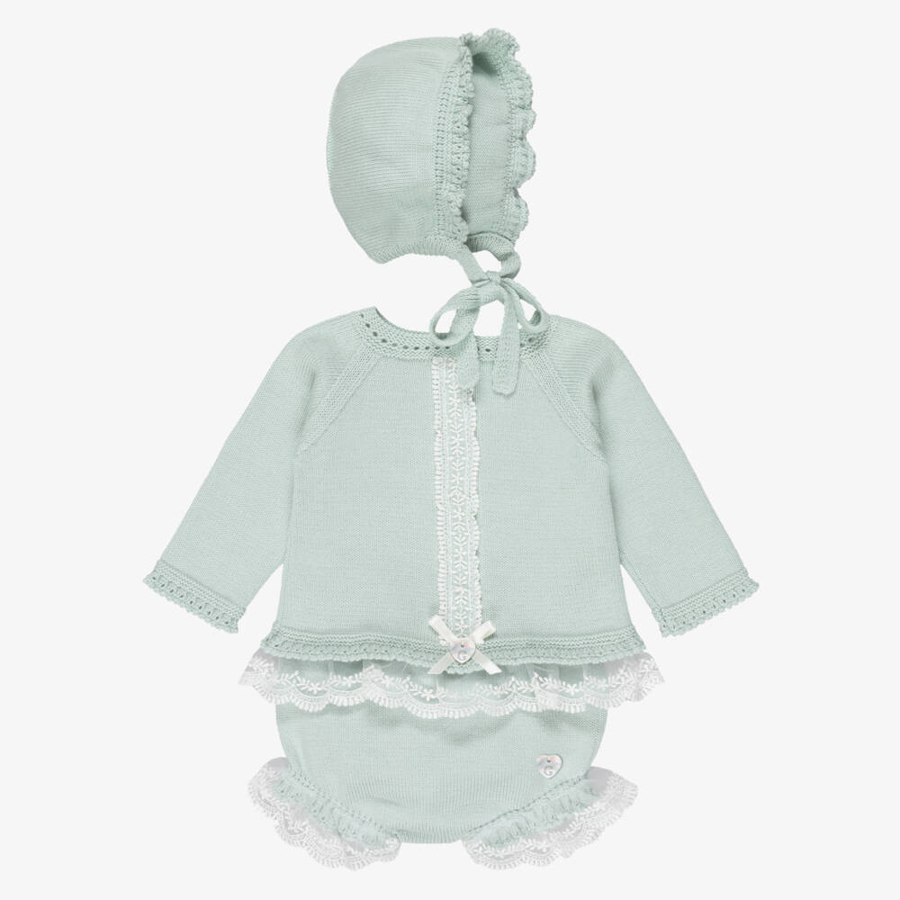 Artesanía Granlei-Baby Girls Green Knitted Shorts Set with Bonnet | Childrensalon