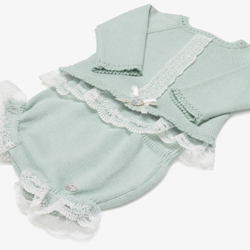 Artesanía Granlei-Baby Girls Green Knitted Shorts Set with Bonnet | Childrensalon