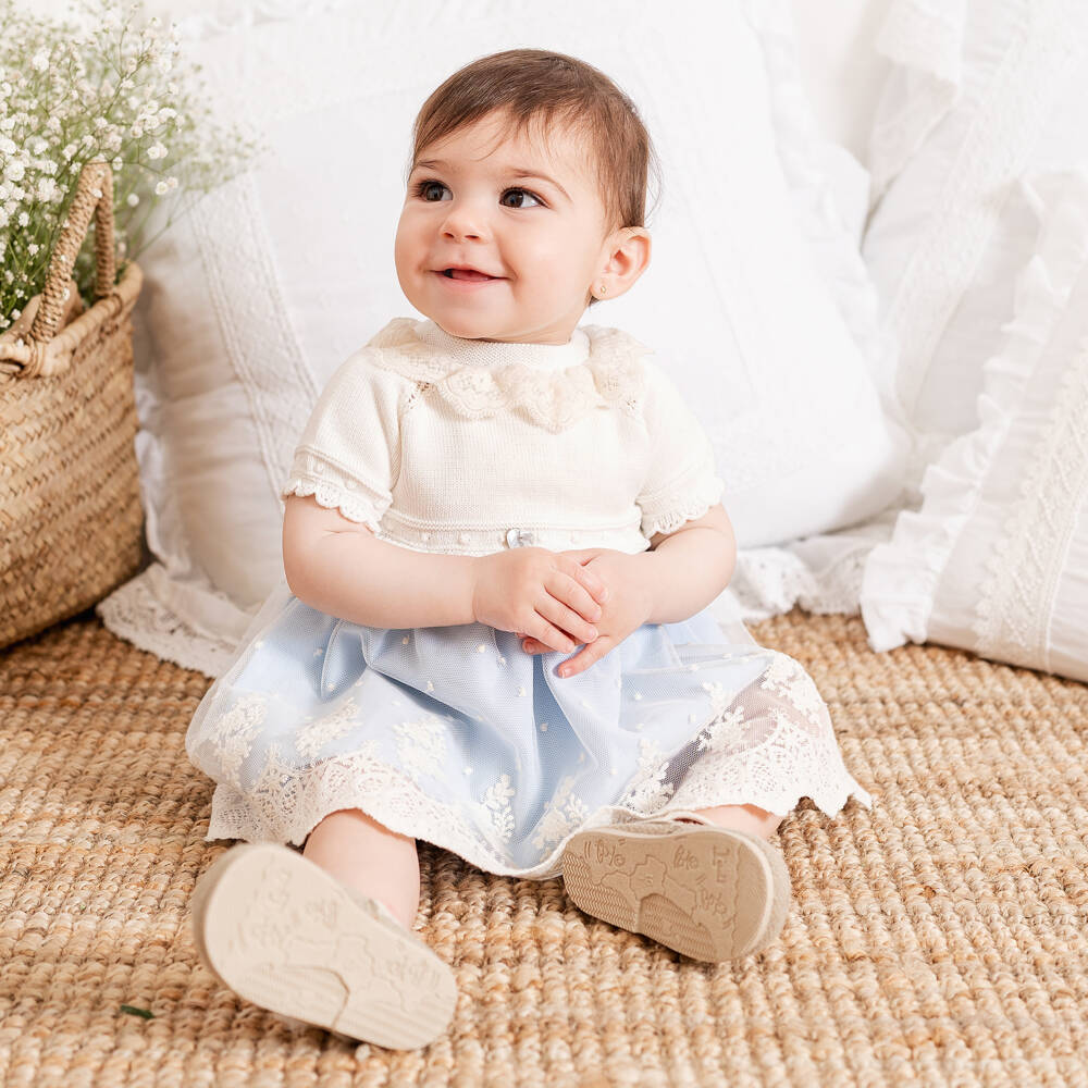 Artesanía Granlei-Baby Girls Ivory & Blue Dress with Embroidered Tulle | Childrensalon