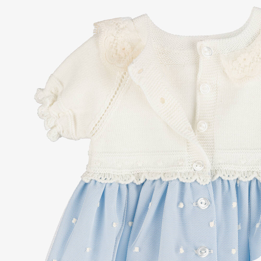 Artesanía Granlei-Baby Girls Ivory & Blue Dress with Embroidered Tulle | Childrensalon