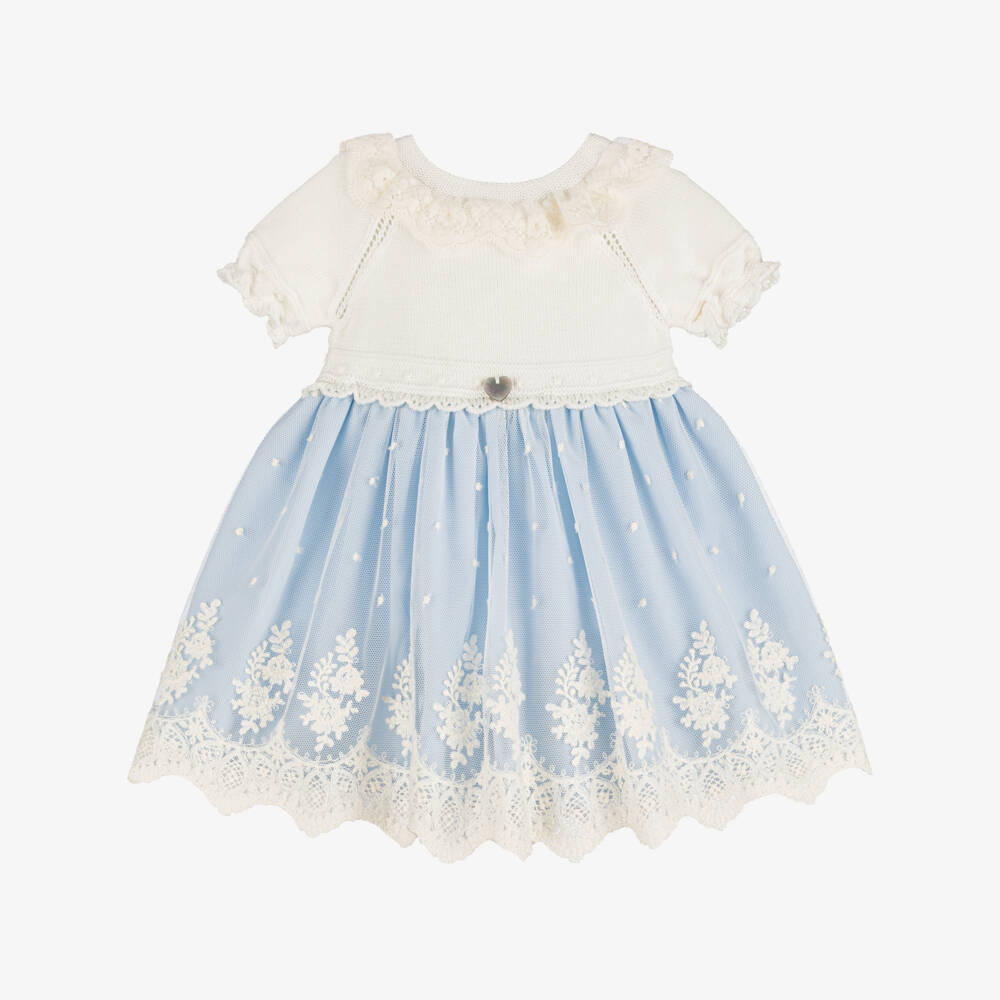 Artesanía Granlei-Baby Girls Ivory & Blue Dress with Embroidered Tulle | Childrensalon