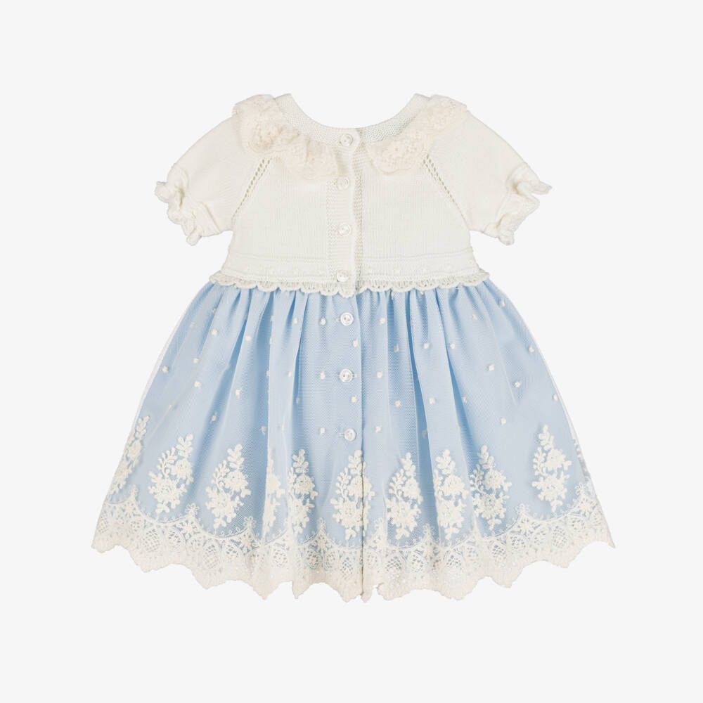 Artesanía Granlei-Baby Girls Ivory & Blue Dress with Embroidered Tulle | Childrensalon