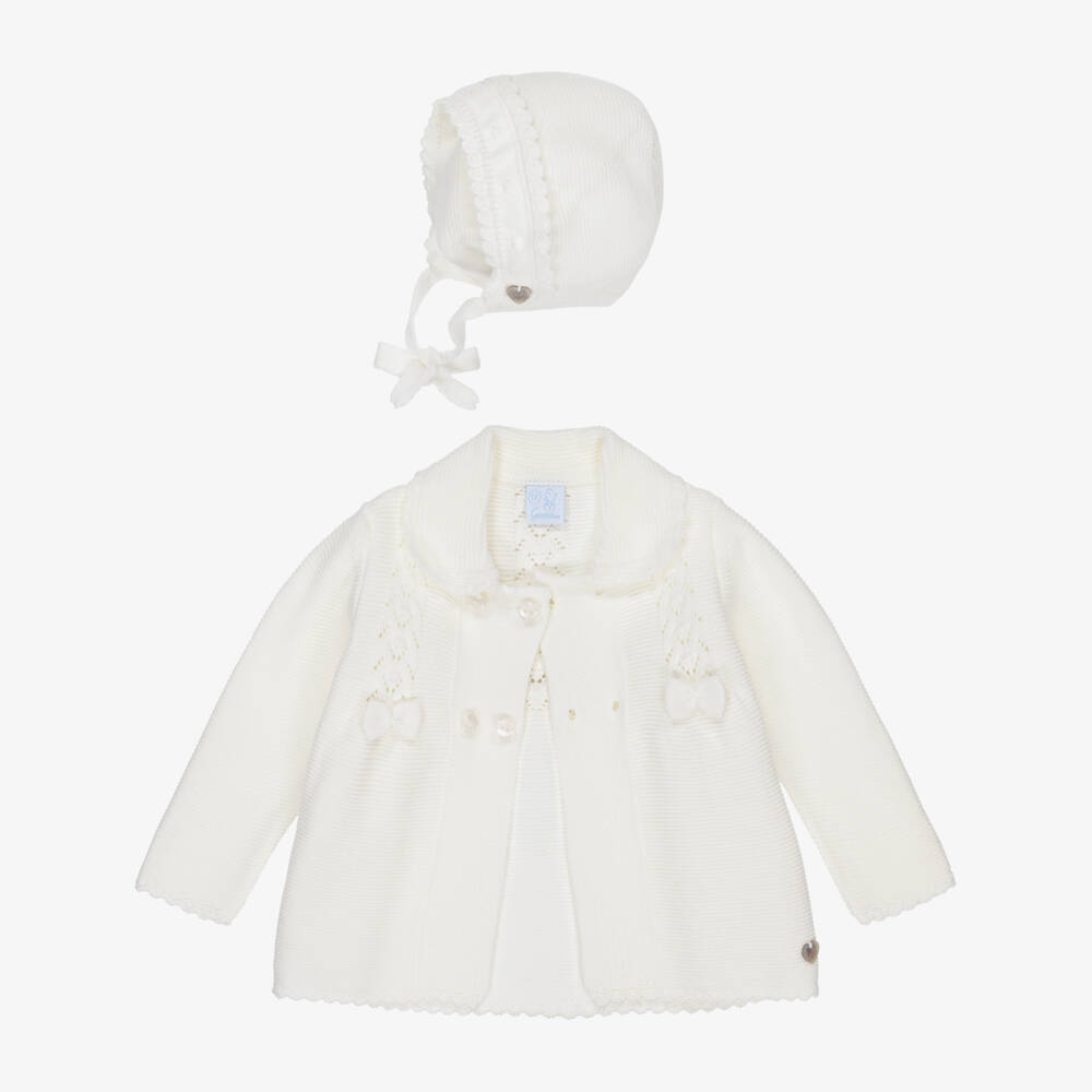 Artesanía Granlei-Baby Girls Ivory Knit Coat & Bonnet Set | Childrensalon