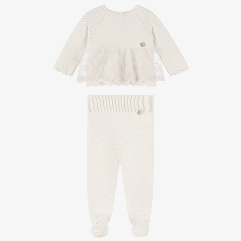 Artesanía Granlei-Baby Girls Ivory Knitted Babysuit Set | Childrensalon