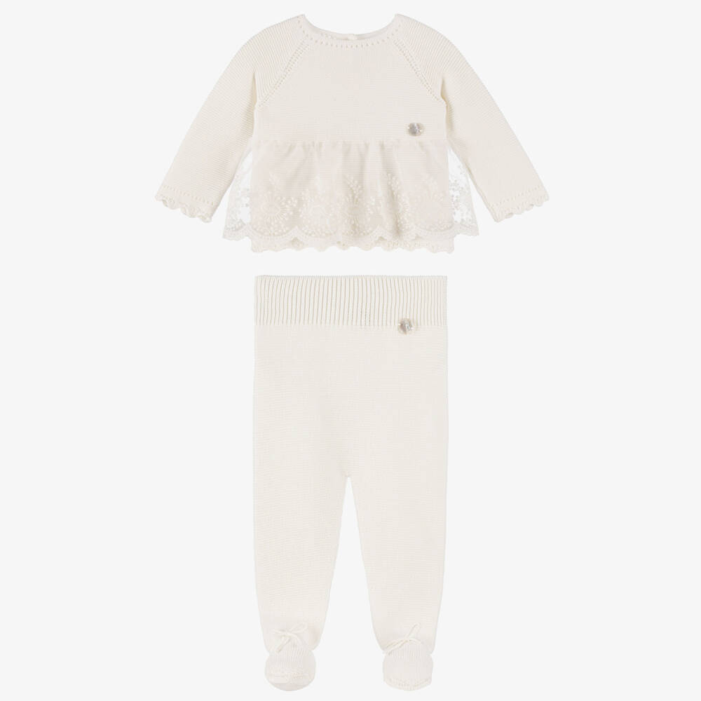 Artesanía Granlei-Baby Girls Ivory Knitted Babysuit Set | Childrensalon