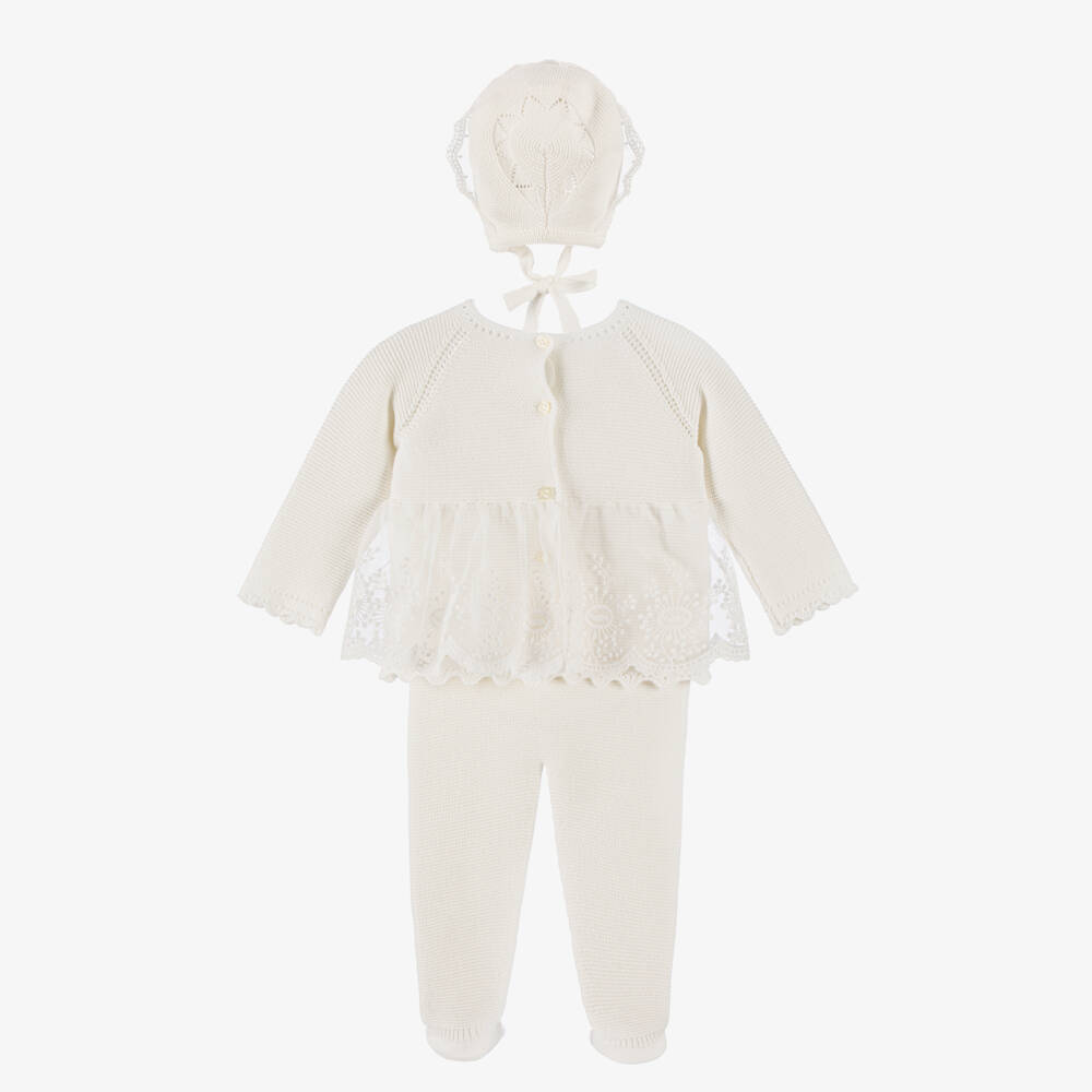 Artesanía Granlei-Baby Girls Ivory Knitted Babysuit Set | Childrensalon
