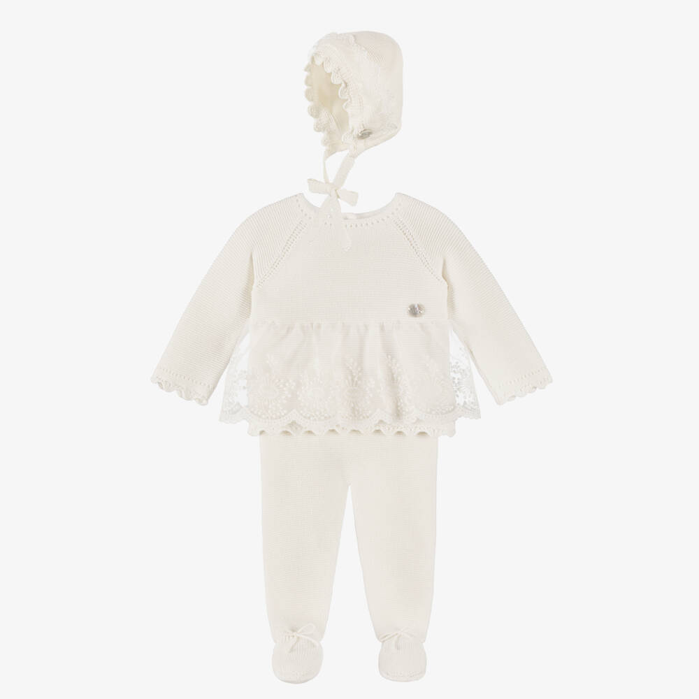 Artesanía Granlei-Baby Girls Ivory Knitted Babysuit Set | Childrensalon