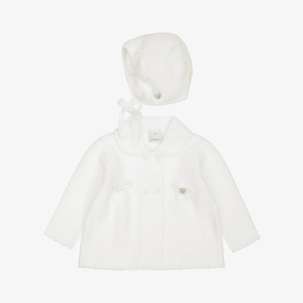 Artesanía Granlei-Baby Girls Ivory Knitted Coat & Bonnet Set | Childrensalon