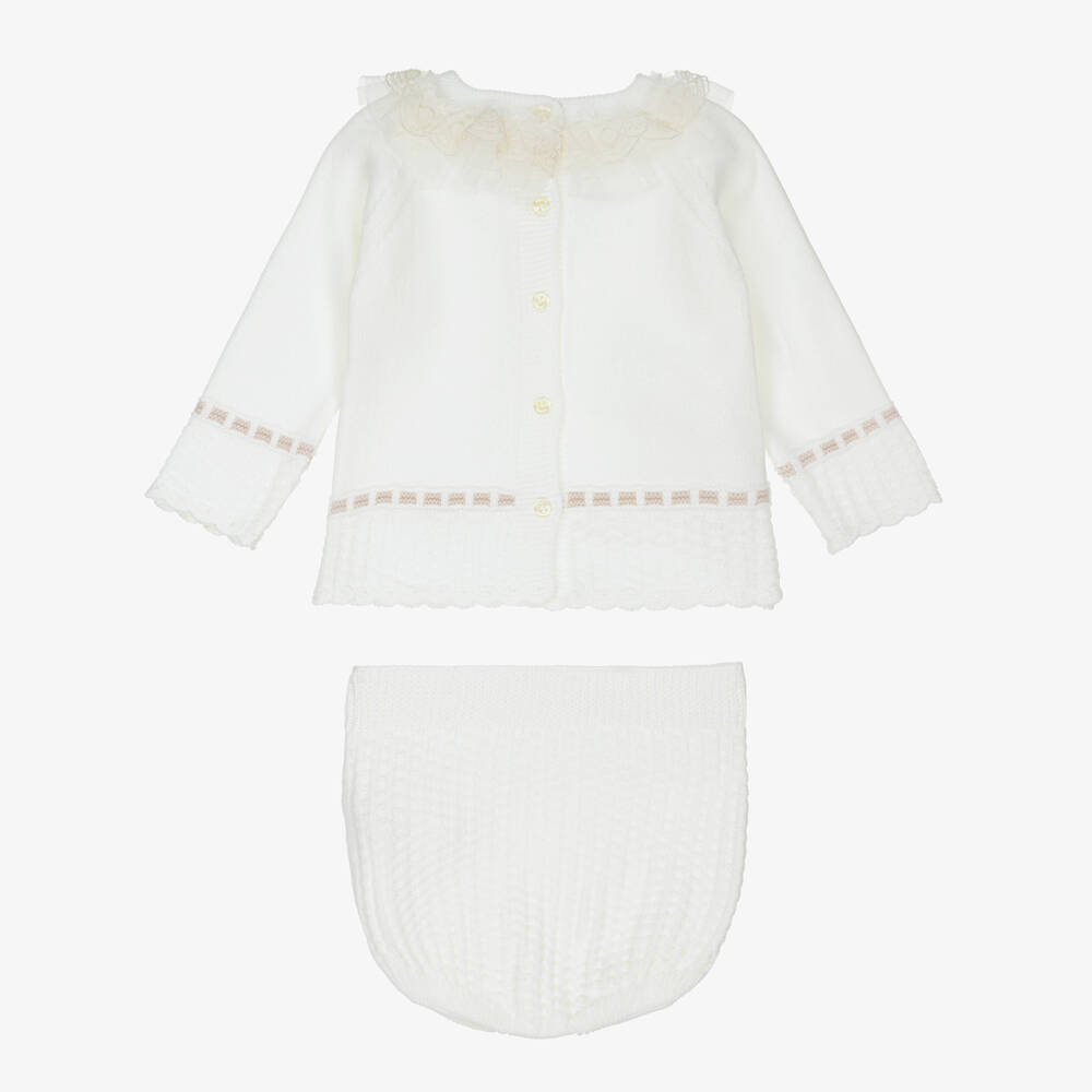 Artesanía Granlei-Baby Girls Ivory Knitted Shorts Set | Childrensalon