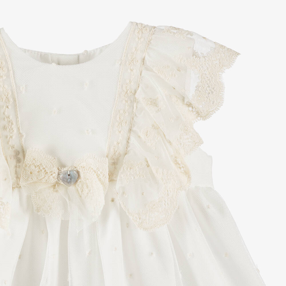 Artesanía Granlei-Baby Girls Ivory Tulle Lace Dress & Bonnet Set | Childrensalon