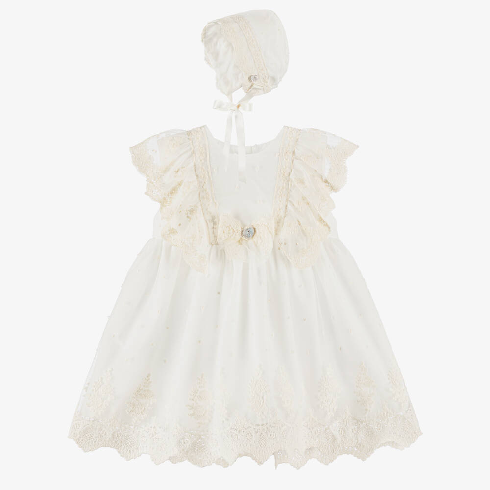 Artesanía Granlei-Baby Girls Ivory Tulle Lace Dress & Bonnet Set | Childrensalon