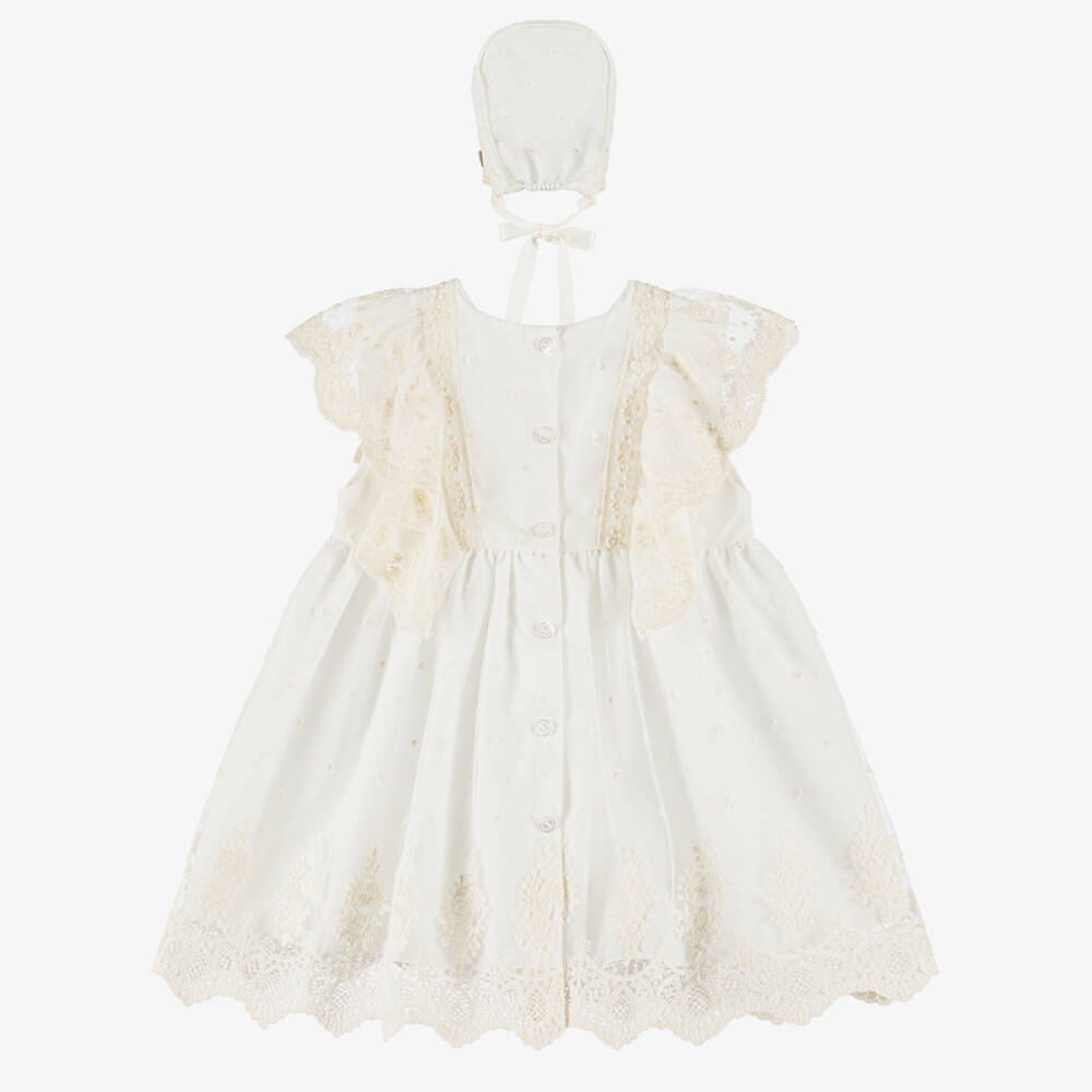 Artesanía Granlei-Baby Girls Ivory Tulle Lace Dress & Bonnet Set | Childrensalon