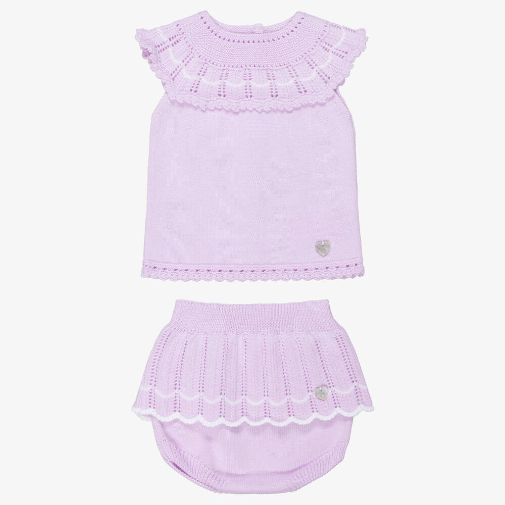 Artesanía Granlei-Baby Girls Lilac Knit Shorts Set with Scallop Trim | Childrensalon