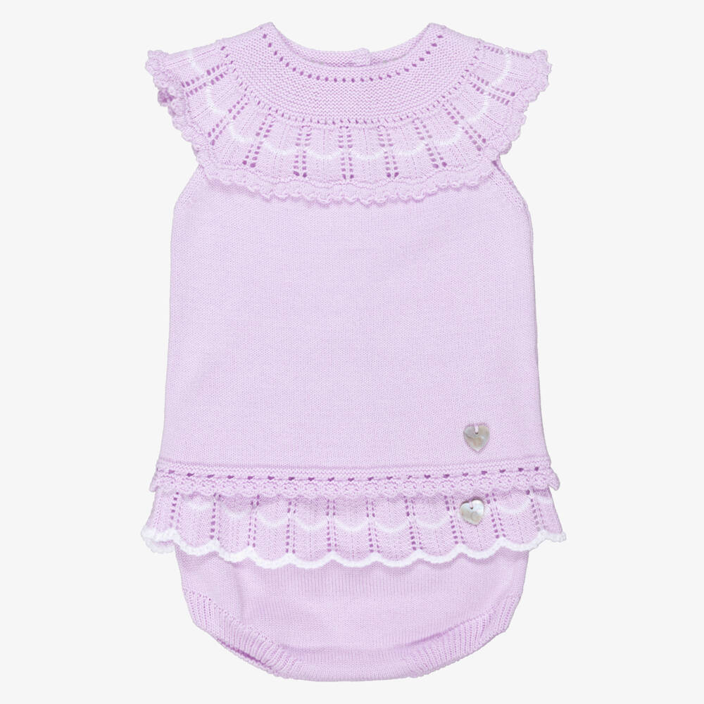 Artesanía Granlei-Baby Girls Lilac Knit Shorts Set with Scallop Trim | Childrensalon