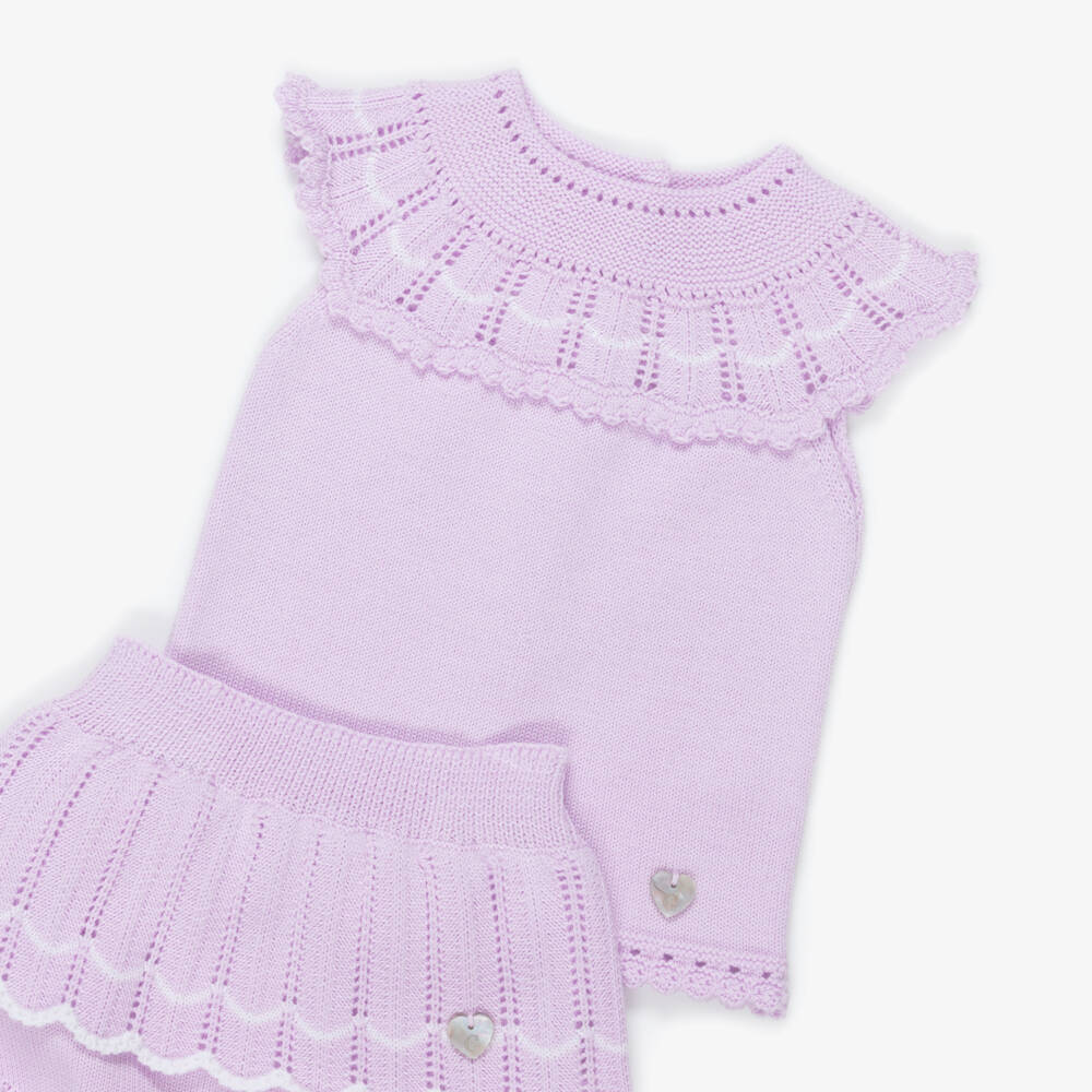 Artesanía Granlei-Baby Girls Lilac Knit Shorts Set with Scallop Trim | Childrensalon
