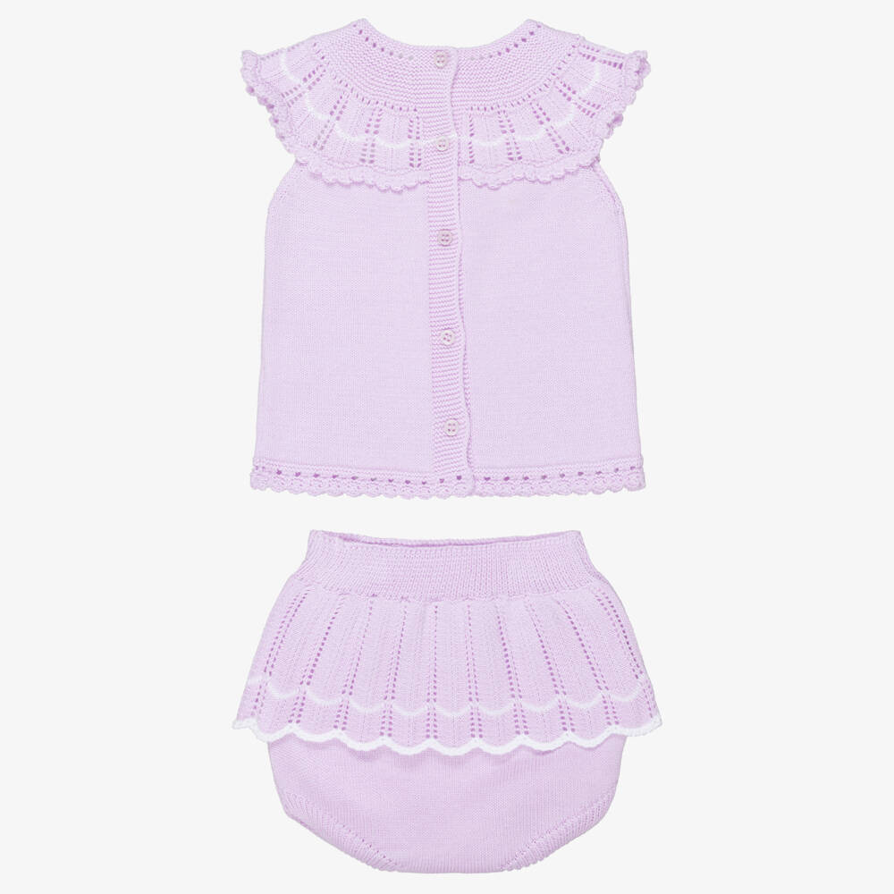 Artesanía Granlei-Baby Girls Lilac Knit Shorts Set with Scallop Trim | Childrensalon