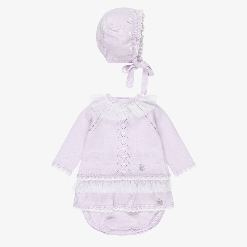 Artesanía Granlei-Baby Girls Lilac Knitted Shorts Set with Bonnet | Childrensalon