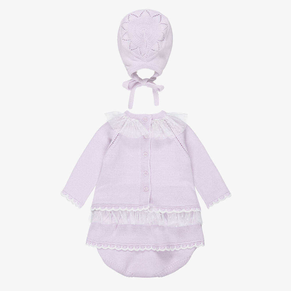 Artesanía Granlei-Baby Girls Lilac Knitted Shorts Set with Bonnet | Childrensalon