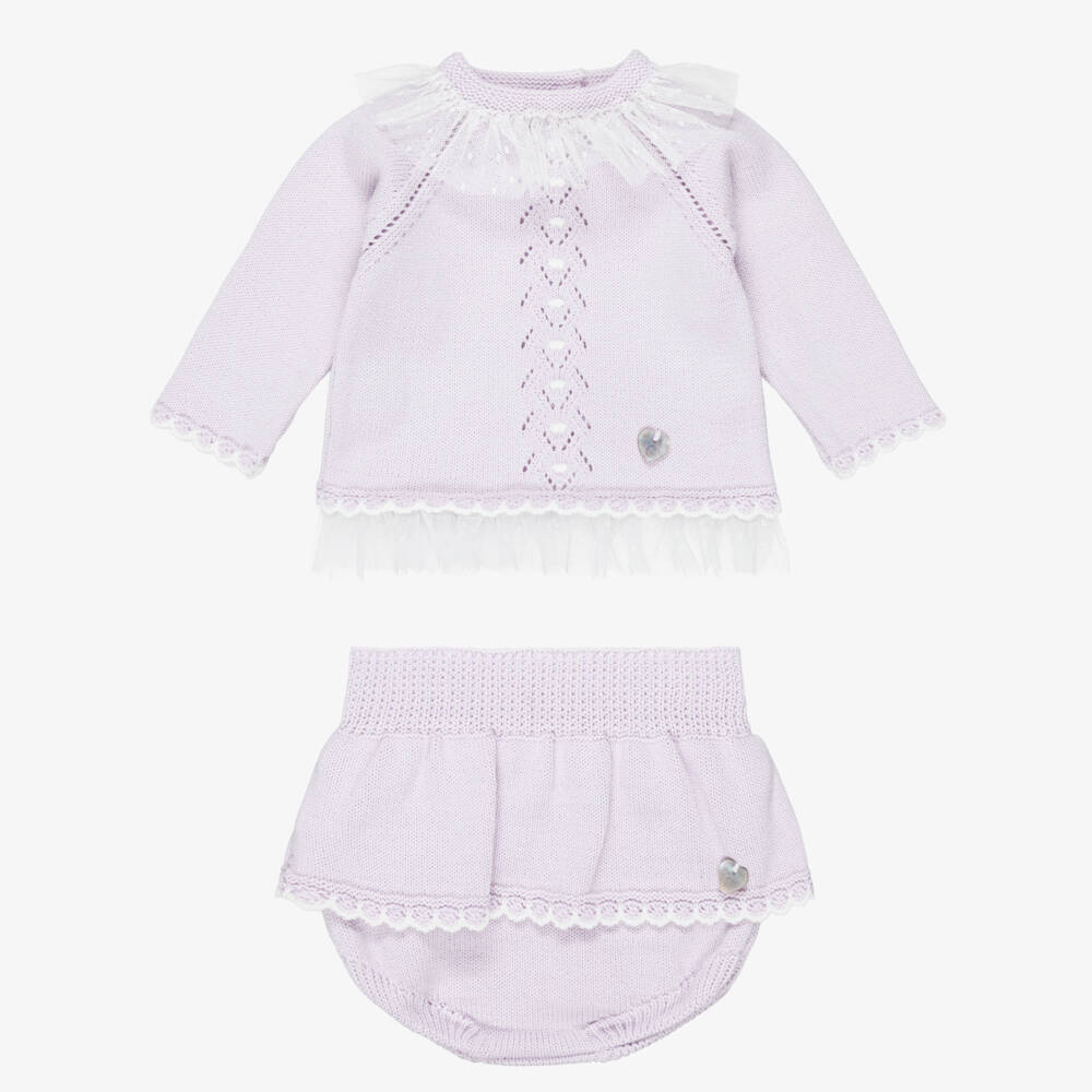 Artesanía Granlei-Baby Girls Lilac Knitted Shorts Set with Bonnet | Childrensalon