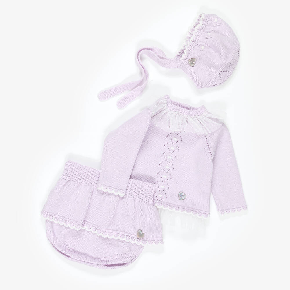 Artesanía Granlei-Baby Girls Lilac Knitted Shorts Set with Bonnet | Childrensalon