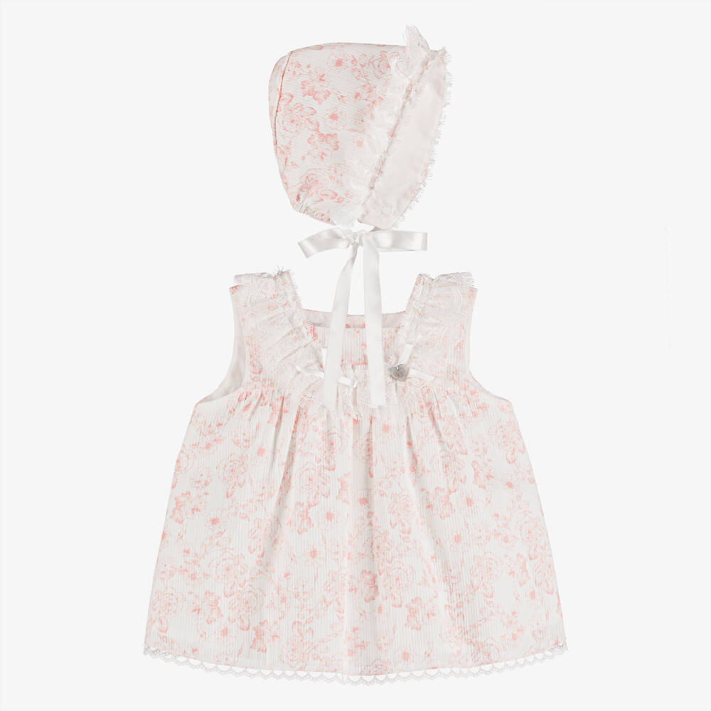 Artesanía Granlei-Baby Girls Pink Cotton Floral Dress Set with Lace Trims | Childrensalon