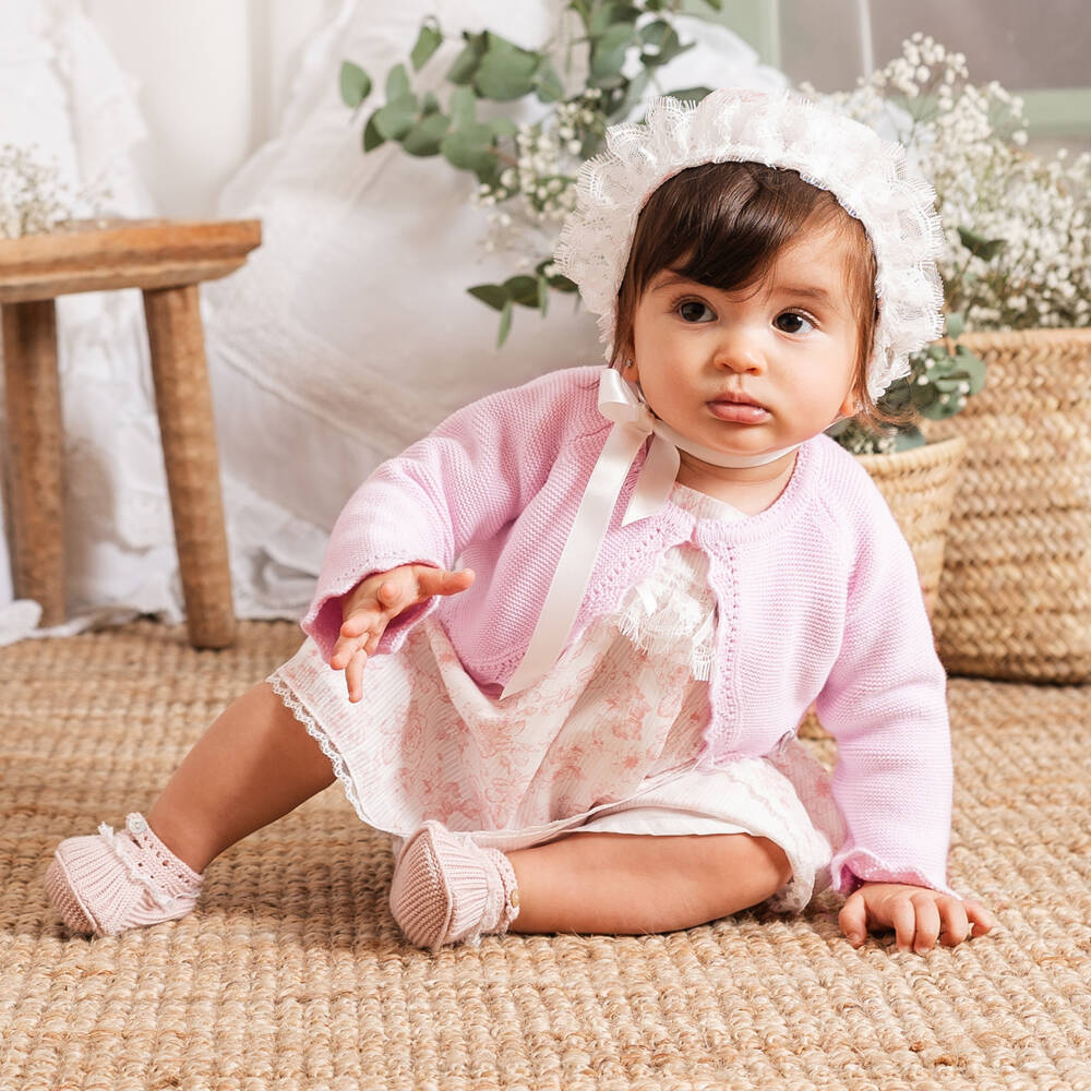 Artesanía Granlei-طقم فستان قطن مزين بورود ودانتيل لون زهري للبنات الرضع | Childrensalon