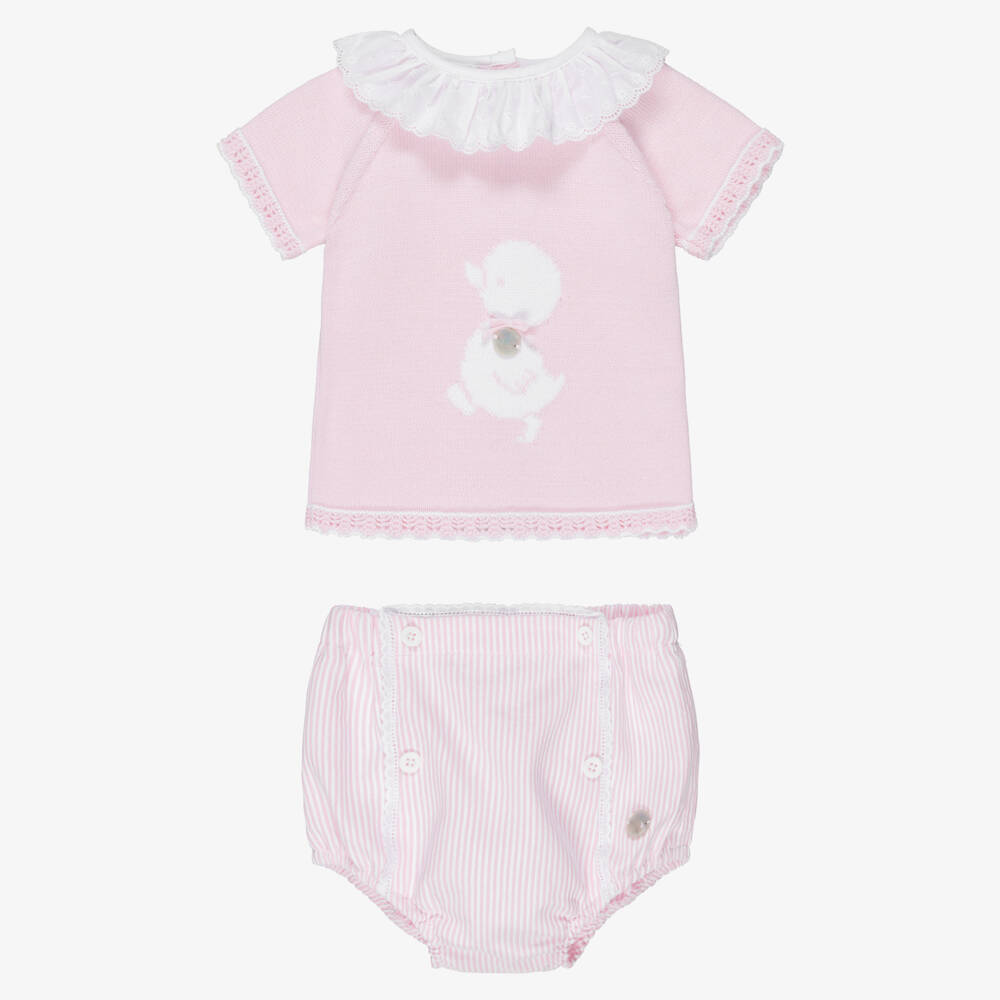 Artesanía Granlei-Baby Girls Pink Duck & Stripe Cotton Shorts Set  | Childrensalon