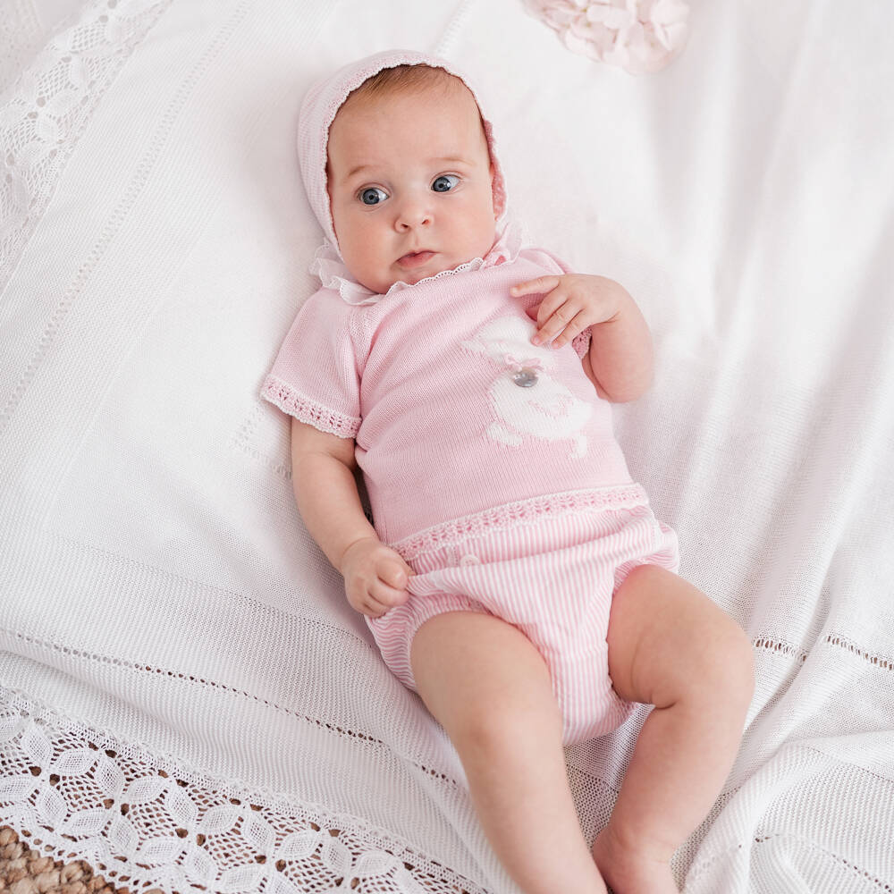 Artesanía Granlei-Baby Girls Pink Duck & Stripe Cotton Shorts Set | Childrensalon