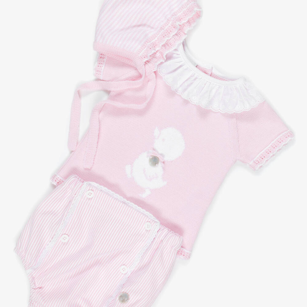 Artesanía Granlei-Baby Girls Pink Duck & Stripe Cotton Shorts Set  | Childrensalon
