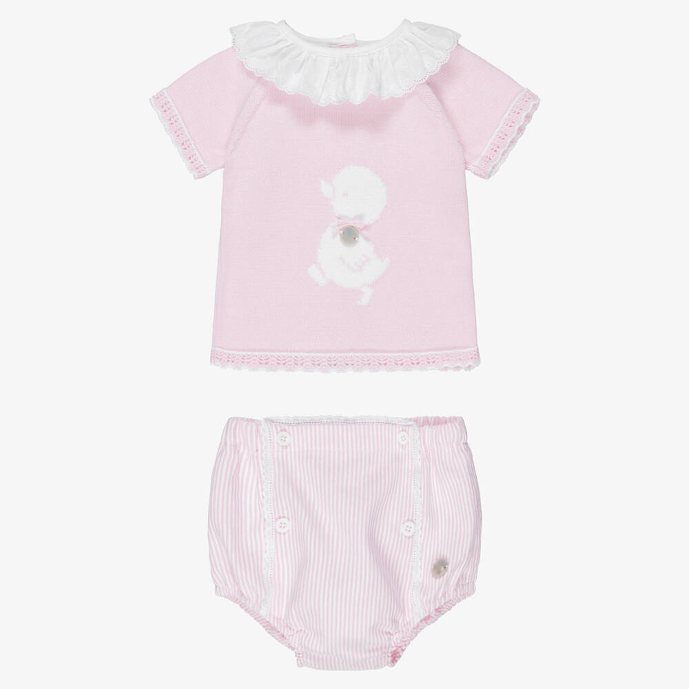 Artesanía Granlei-Baby Girls Pink Duck & Stripe Cotton Shorts Set | Childrensalon