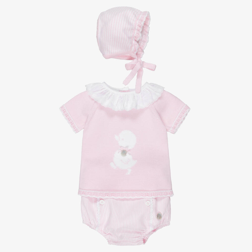Artesanía Granlei-Baby Girls Pink Duck & Stripe Cotton Shorts Set  | Childrensalon
