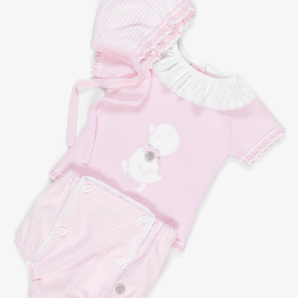 Artesanía Granlei-Baby Girls Pink Duck & Stripe Cotton Shorts Set | Childrensalon