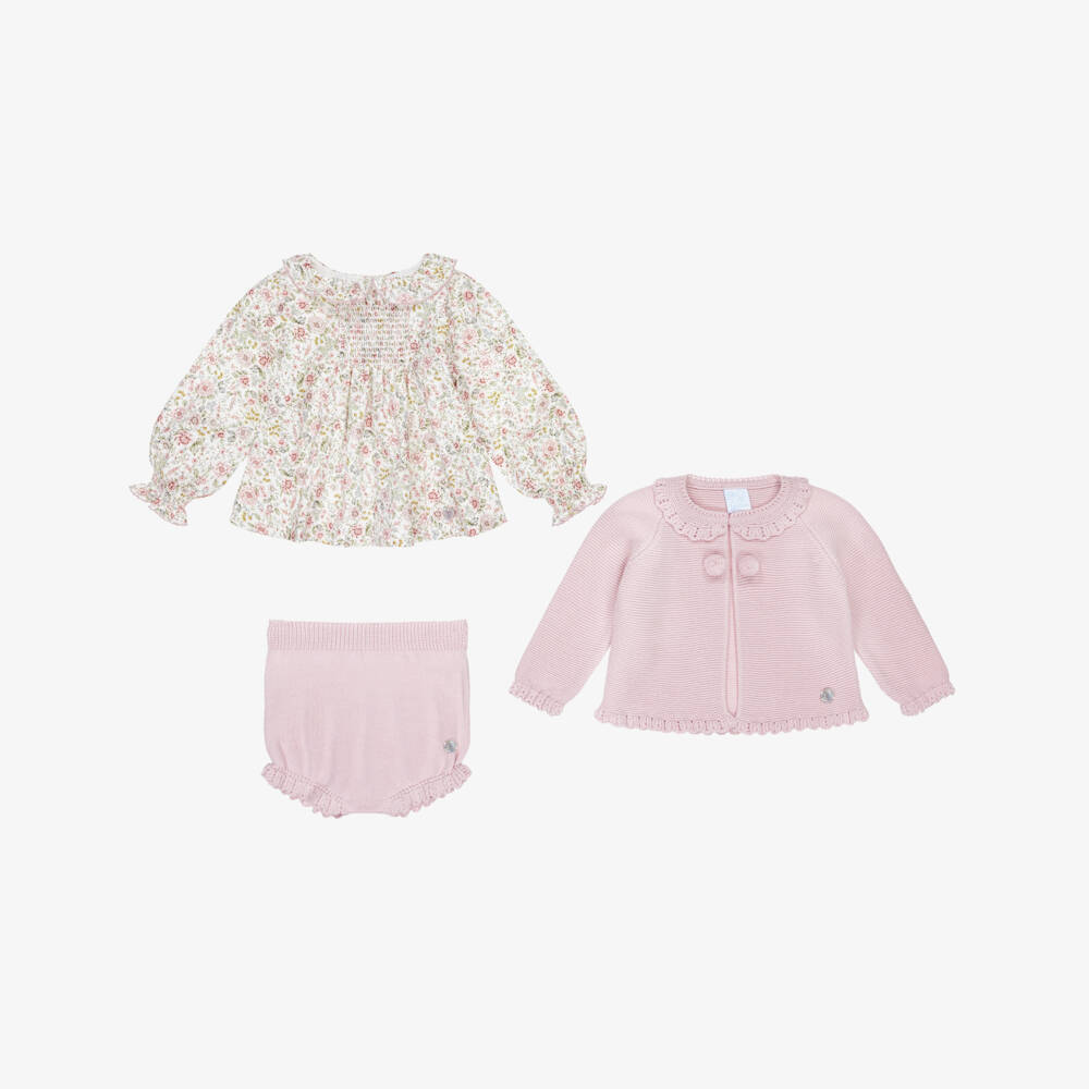 Artesanía Granlei-Baby Girls Pink Floral Blouse & Knitted Shorts Set | Childrensalon