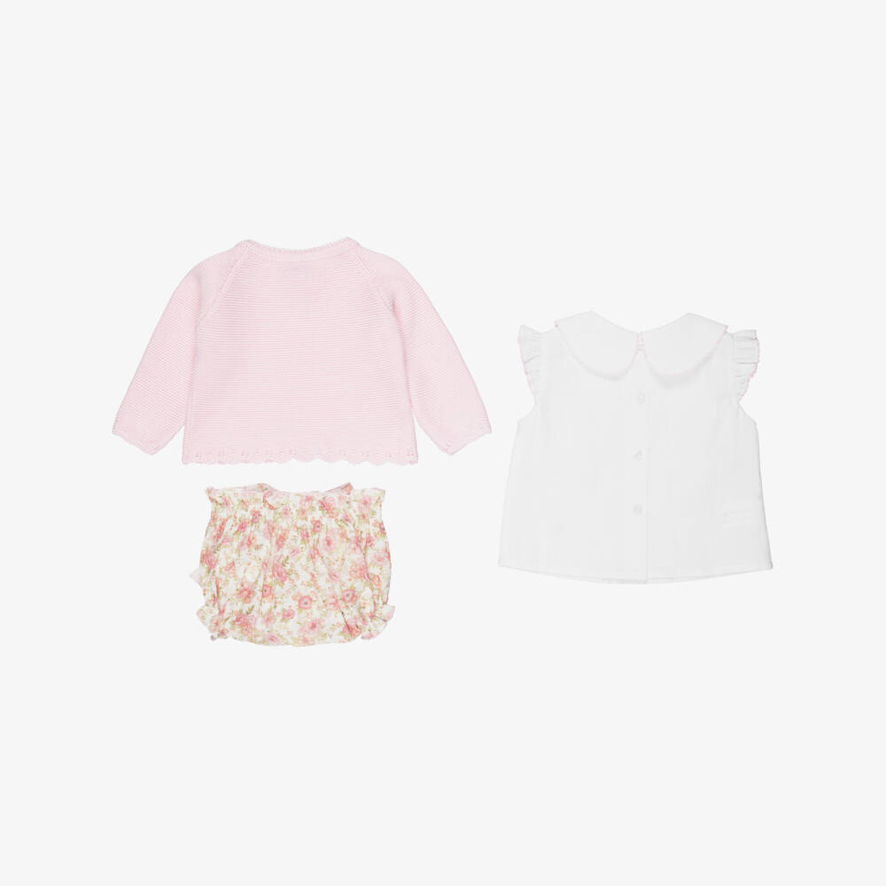 Artesanía Granlei-Baby Girls Pink Floral Cotton Shorts & Cardigan Set | Childrensalon