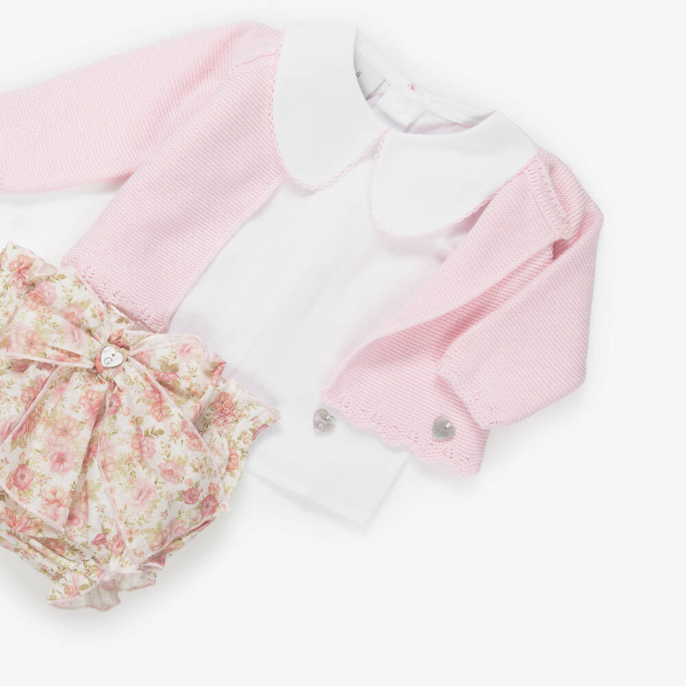 Artesanía Granlei-Baby Girls Pink Floral Cotton Shorts & Cardigan Set | Childrensalon