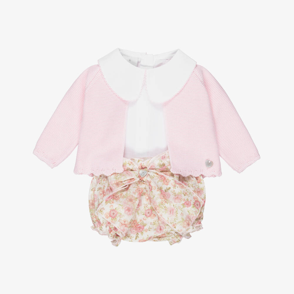 Artesanía Granlei-Baby Girls Pink Floral Cotton Shorts & Cardigan Set | Childrensalon