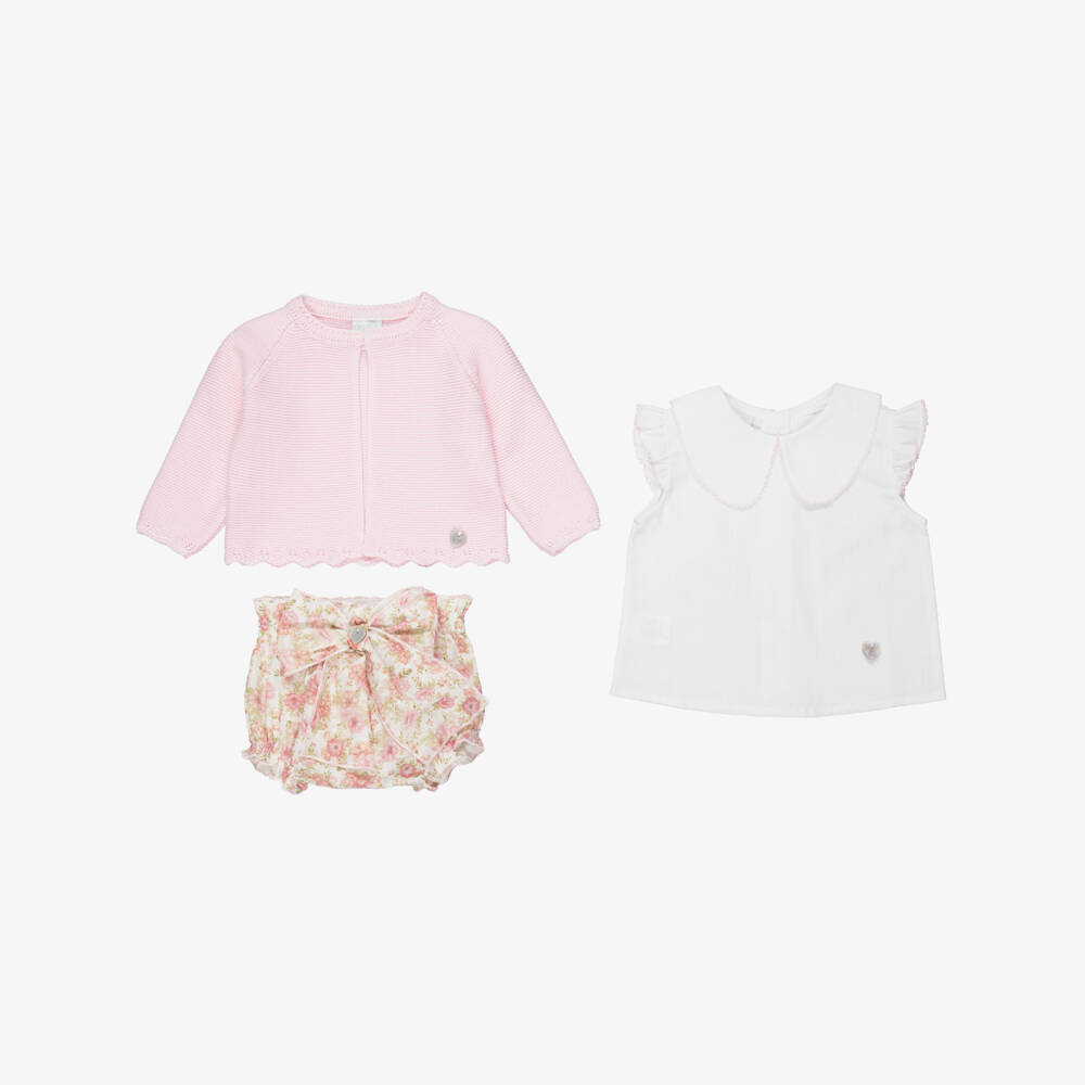 Artesanía Granlei-Baby Girls Pink Floral Cotton Shorts & Cardigan Set | Childrensalon