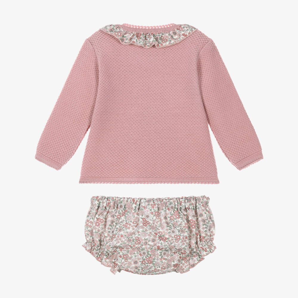 Artesanía Granlei-Baby Girls Pink Knit & Floral Shorts Set | Childrensalon