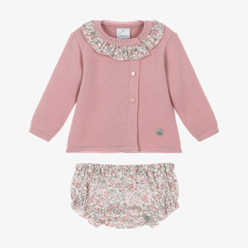 Artesanía Granlei-Baby Girls Pink Knit & Floral Shorts Set | Childrensalon